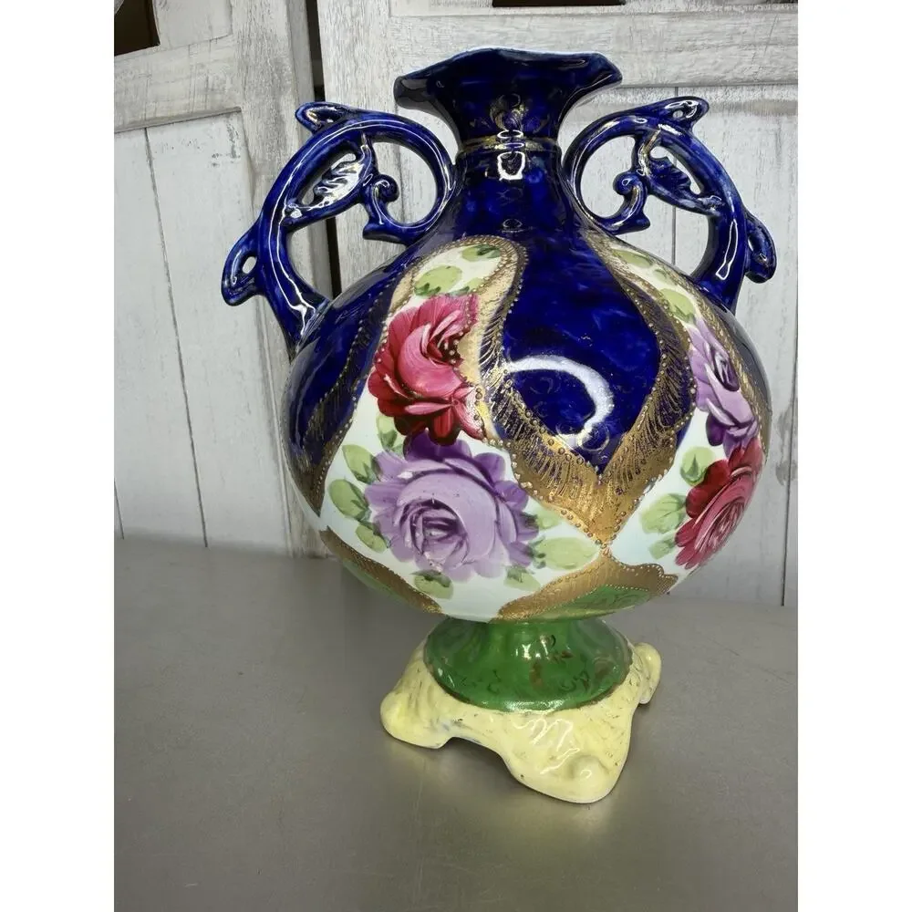 Antique Nippon Hand Paint Cobalt Blue Gold Rose Porcelain Handled Vase Urn